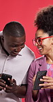 African couple, smartphone and laugh in studio with funny post, meme and video on web by background. Man, woman and happy with phone, application and share with smile for comic story on social media