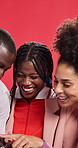 Friends, phone and people in studio laugh for online meme, internet humor and funny message. Happy, red background and man with women on smartphone for connection, social media and joke on mobile app