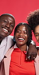Hug, friends and group with smile for fashion, laughing and trendy with clothes and pink background. Happy, trendsetter and African people with stylish outfit, man and embrace with women or studio