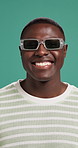 Happy, sunglasses and face of black man in studio for confidence, trendy clothes and style. Smile, gen z and portrait of person with accessory for fashion, pride and aesthetic on blue background