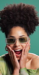 Face, woman and surprised with sunglasses on studio background for good news, winner or sale. Wow, rumor and african person with omg reaction to shocking information, announcement or unexpected drama