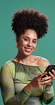 Woman, face and phone with texting in studio, smile and notification for online dating by background. Person, happy and portrait with smartphone, mobile app and scroll for social network in Brazil