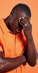 Fail, stress and disappointed black man in studio for mistake, frustrated or guilt on background. Person, anxiety and regret with shame for rejection, thinking and embarrassed with worry for crisis