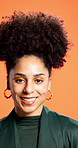 Face, business and woman in studio, smile and confident personality on orange background. Portrait, happy person and model with pride, fashion style and professional with growth and career ambition