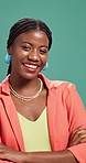 Happy, crossed arms and face of black woman by studio background with confidence for corporate career. Laugh, portrait and African female financial manager from Nigeria with pride for job opportunity