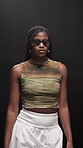 Fashion model, woman and walk with sunglasses on runway for style showcase, couture or brand design. Catwalk show, audience and trendy wardrobe on stage for summer collection, designer and confidence