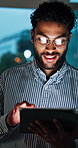 Night, happy and business man on tablet for finance review, investment update and budget report. Office, corporate and person scroll on tech working late for financial planning, and online research