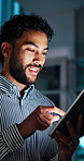 Night, office and business man on tablet for finance review, investment update and budget report. Professional, corporate and person on tech working late for financial planning, and online research
