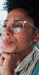 Thinking, glasses and businesswoman by computer in office for research on finance statistics. Technology, ideas and female financial manager with investment data for profit forecasting in workplace.