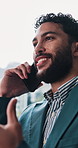 Phone call, talking and businessman in city with communication, contact or networking outdoor. Cellphone, finance deal and male financial manager on mobile discussion with investment negotiation.