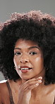 Black woman, face and check with dermatology, cosmetic wellness or skincare results in studio. Skin glow, moisturizer and African person with beauty for treatment result isolated on gray background