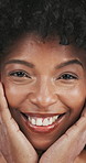 Face, skincare and black woman with beauty, smile and dermatology with healthy skin. African person, closeup or cosmetology with shine, glow and wellness with treatment, smooth and aesthetic
