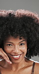 Face, skincare and black woman in studio, smile and dermatology on grey background. African person, afro and confidence with grooming, beauty or wellness with natural cosmetics, shine or healthy skin