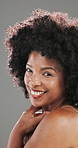 Face, skincare and black woman in studio, shine or dermatology on grey background. African person, afro or confidence with grooming, beauty or wellness with natural cosmetics, profile or healthy skin