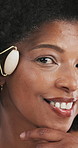 Beauty, face roller and black woman with natural, skincare and lymphatic drainage treatment. Portrait, dermatology and African female person with cosmetic tool for routine of facial blood circulation