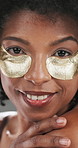 Gold, eye patches and black woman with skincare, beauty or hydration routine with collagen. Mask, portrait and African female person with facial, dermatology or natural treatment for dark circles.