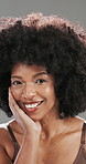 Black woman, face and smile with skincare, cosmetic wellness or dermatology results in studio. Skin glow, moisturizer and African person with beauty for treatment result isolated on gray background