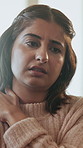 Hurt, woman and discomfort of shoulder pain in home, swollen and massage for muscle strain and sore. Bad posture, sprain and inflammation of arm in house, person and tension of osteoporosis or injury