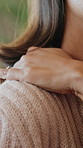 Hurt, person and massage for shoulder pain in home, sore and discomfort of muscle strain and injury. Bad posture, sprain and inflammation of swollen arm in house, broken and tension of osteoporosis