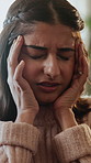 Woman, headache and glasses with stress in home, sofa and tired with temple massage in lounge. Girl, migraine and fatigue with pain on couch, eye strain and burnout in living room at apartment