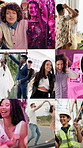 Montage, diversity and people dance for celebration, energy and freedom of performance at house. Happy, group and moving to music at wedding party, night club and live streaming at warehouse outdoor
