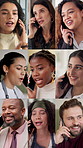 Chat, talking and diversity with business people and phone call and community, series and contact. Networking, feedback and connection with group of employees speaking for communication and montage