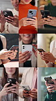 Hands, diversity and people for montage with phone for communication, social media and chat. Happy, women and typing with mobile for research, email feedback and browsing website at variety location