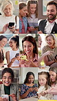 Smile, diversity and people for montage with phone for communication, social media and funny meme. Happy, women and men with mobile of research, reading ebook and browsing website at variety location