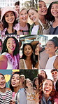 Women, selfie and montage with face, smile and hug with friends, diversity or bonding for post. People, men and group in portrait for embrace, community and happy with photography for profile picture