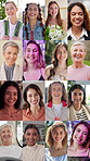 Face, happy and people with montage series for inclusion, career pride and trendy fashion. Portrait, smile and women travel for fitness, call centre and wedding of demographic representation at venue