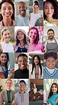 Face, people and diversity with montage series for inclusion, career pride and getaway trip. Portrait, women and men for fitness, painting mural and wedding for demographic representation at location
