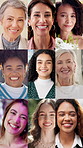 Collage, face and women with smile, group or diversity of community, international or multicultural. Different, people and happiness for montage, global and collection of generations and together