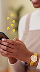 Hands, social media icons and woman with smartphone, typing and online chatting with comment. Closeup, mobile user and person with cellphone, internet and emoji for reaction, app and communication
