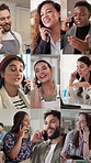Phone call, collage and people with diversity, conversation and contact us with communication. Multiracial, men and women with discussion, feedback and chatting with network app, smile and community