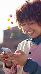 Home, social media icons and woman with smartphone, outdoor and smile with funny meme. Mobile user, connection and happy person in city, cellphone and emoji for reaction, digital app and heart symbol
