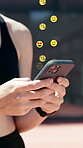 Phone, social media and hands with woman in city for like icon, emoji feedback and connection. Chat reaction, communication and notification with person outdoor for texting, app  and post update