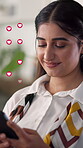 Typing, social media and smile with woman and phone for like icon, emoji feedback and connection. Chat reaction, communication and notification with female person for texting, app  and post update