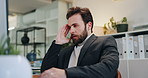 Headache, tired and business man with stress, burnout or exhausted with overwork on computer. Migraine, fatigue and sick corporate employee with pain, sleepy and brain fog with pressure in office