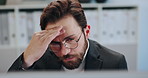 Headache, pain and business man with stress, burnout or exhausted with overwork on computer. Migraine, fatigue and sick corporate employee with brain fog, challenge and massage temples in office