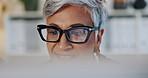 Business, glasses and woman with computer. thinking and problem solving with email for tax audit. Mature person, accounting and employee with eyewear, choice and reflection with solution and planning