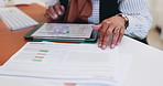 Business person, hands and tablet with statistics for financial report or analysis at office desk. Accountant, employee or technology with paperwork for finance, budget review or company performance