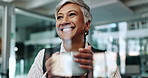 Thinking, coffee and business woman by glass for inspiration, ideas and solution in office. Professional, corporate and mature worker with beverage on break for planning, positive mindset and relax