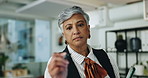 Business, glass board and woman in office, writing and innovation with solution, ideas and options. Mature person, agency and employee in workplace, planning and brainstorming for creative project