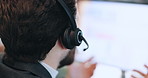 Businessman, consultant and talking with headset on computer for customer service at call center. Man, employee or agent with mic for communication, online advice or virtual assistance at office