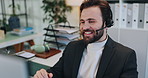 Headset, man and secretary in office with communication, contact or crm networking. Mic, professional and virtual assistant on call for appointment schedule, customer service or query in workplace