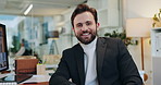 Face, business and man in office, smile and career ambition with asset management company. Portrait, person or employee with pc, job opportunity or confidence with investment, internet or about us