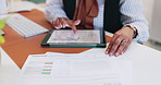 Business person, hands and tablet with documents for statistics, financial report or analysis. Accountant, employee or technology with paperwork for finance, budget review or performance at office
