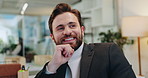 Business, thinking and man in office, smile and contemplation with wonder, options and choice. Happy person, employee and consultant in workplace, decision and thoughtful with opportunity or ideas