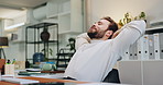 Relax, happy and businessman in office with completed project, review or task with deadline. Smile, calm and male magazine editor with stretching for finished article for publishing at agency.
