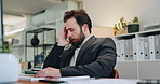 Headache, stress and business man in office with mental health challenge or overworked with burnout. Migraine, fatigue or corporate employee massage temples for pain, tired or brain fog with pressure
